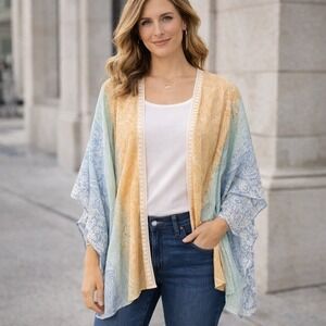 Chicos Womens Paisley Cotton Kimono Wrap Blue Orange Lace Trim L/XL Open Front